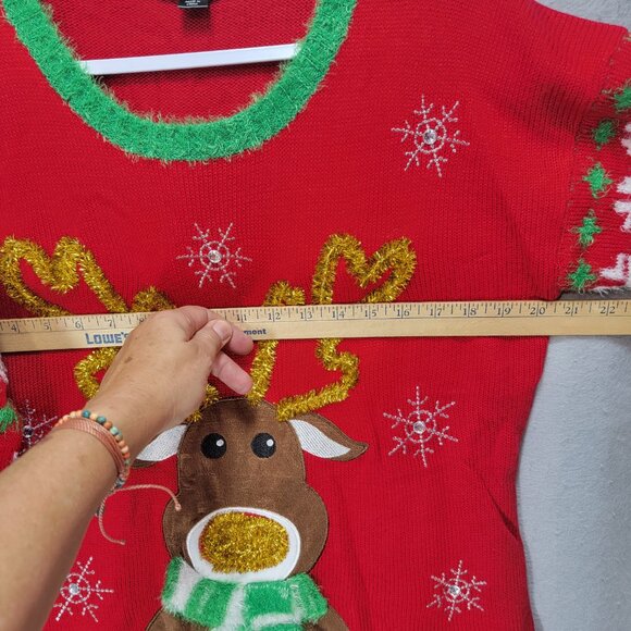 Ugly Christmas Sweater Unisex L Reindeer 3D Rhinestone Tinsel Fur Knit Holiday - Picture 13 of 16